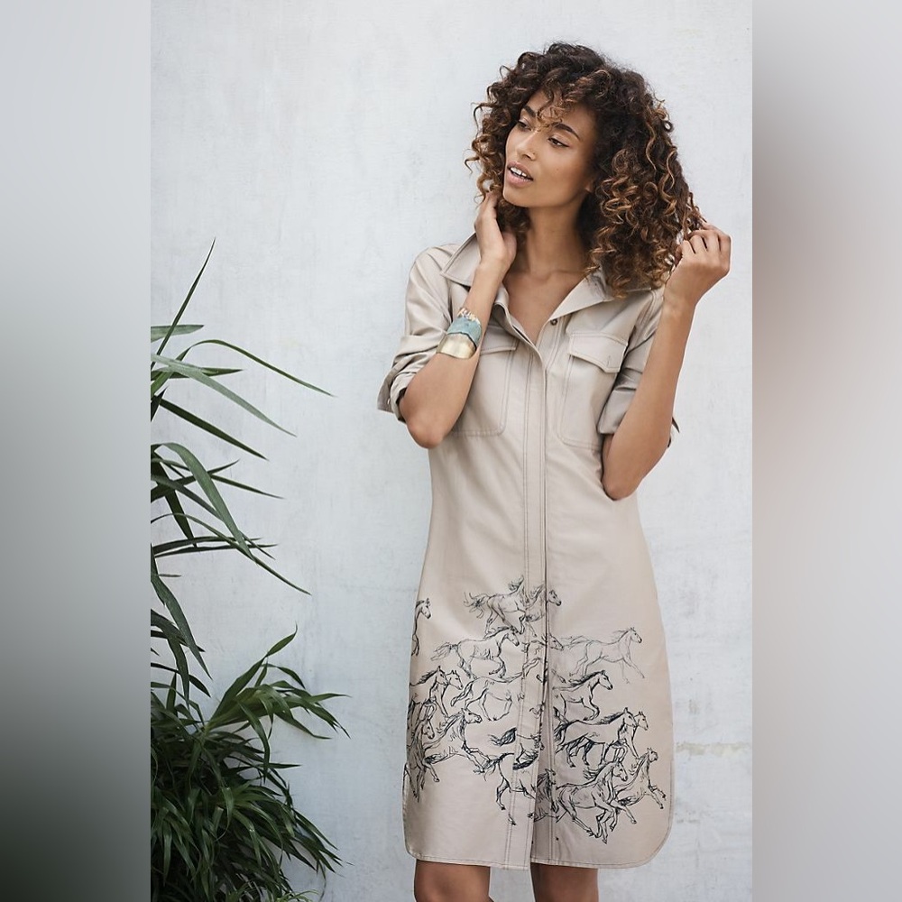 Maeve Tan Dress with Black Floral Design